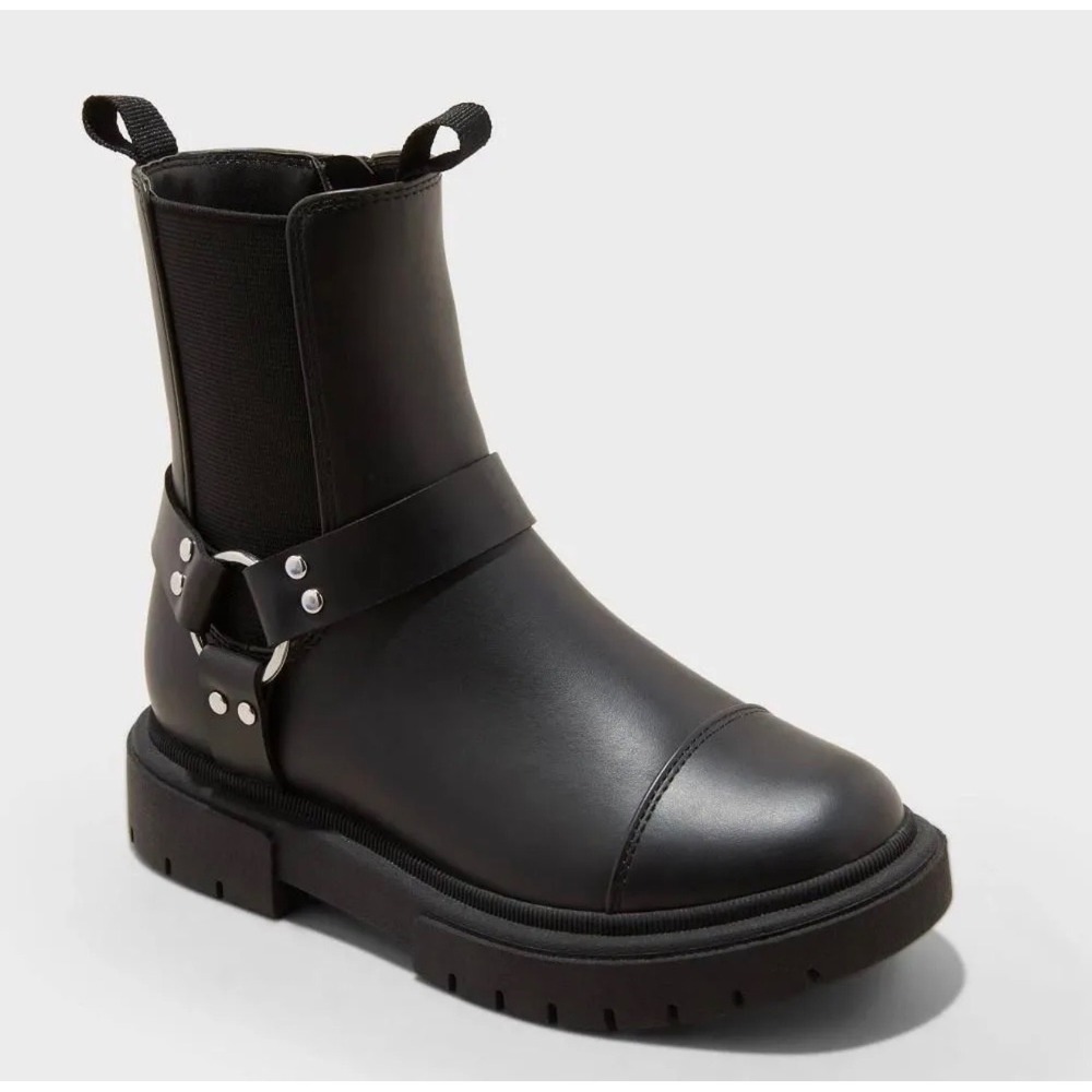 Art Class Kids Black Harness Moto Boots Lug Sole Side Zip Size 3 NEW - Picture 1 of 4